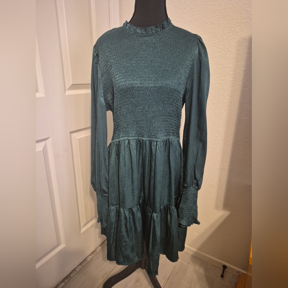Smocked Bodice Long-Sleeve Teal Midi Dress